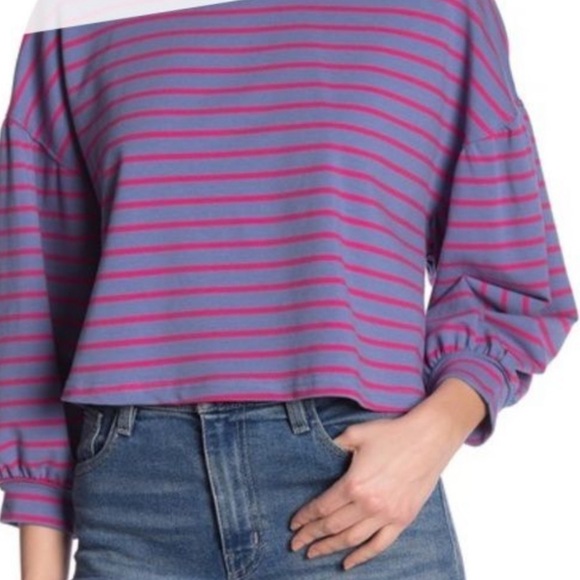 NWT Code X Mode Stripe Cropped Puff Sleeve Pullover‎ Sweatshirt in Blue Sz Small - Picture 1 of 8